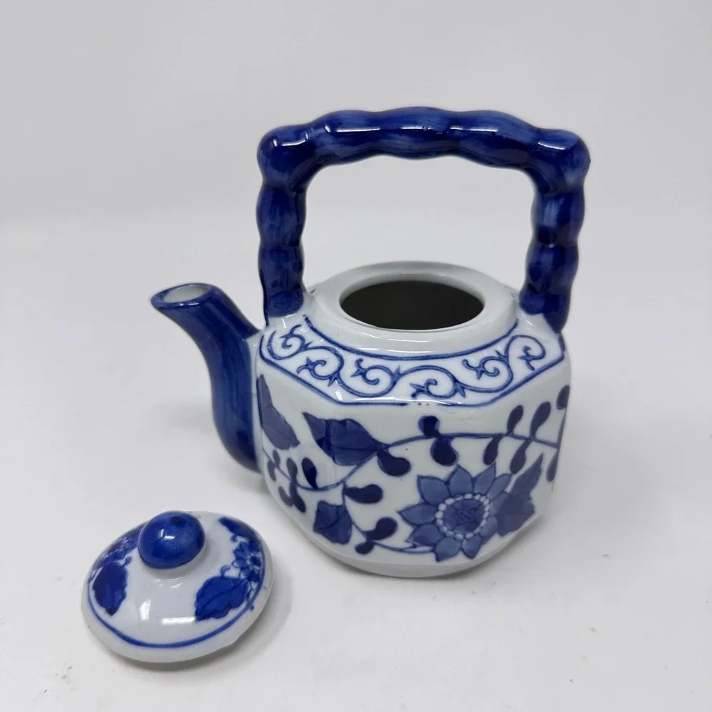 Blue and White Porcelain Teapot Floral Vine Design China Decorative Small